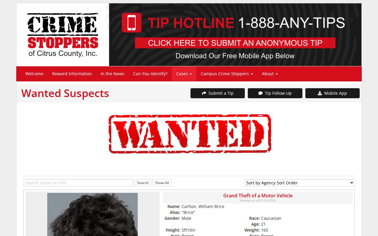Citrus County most wanted records interface from Crime Stoppers